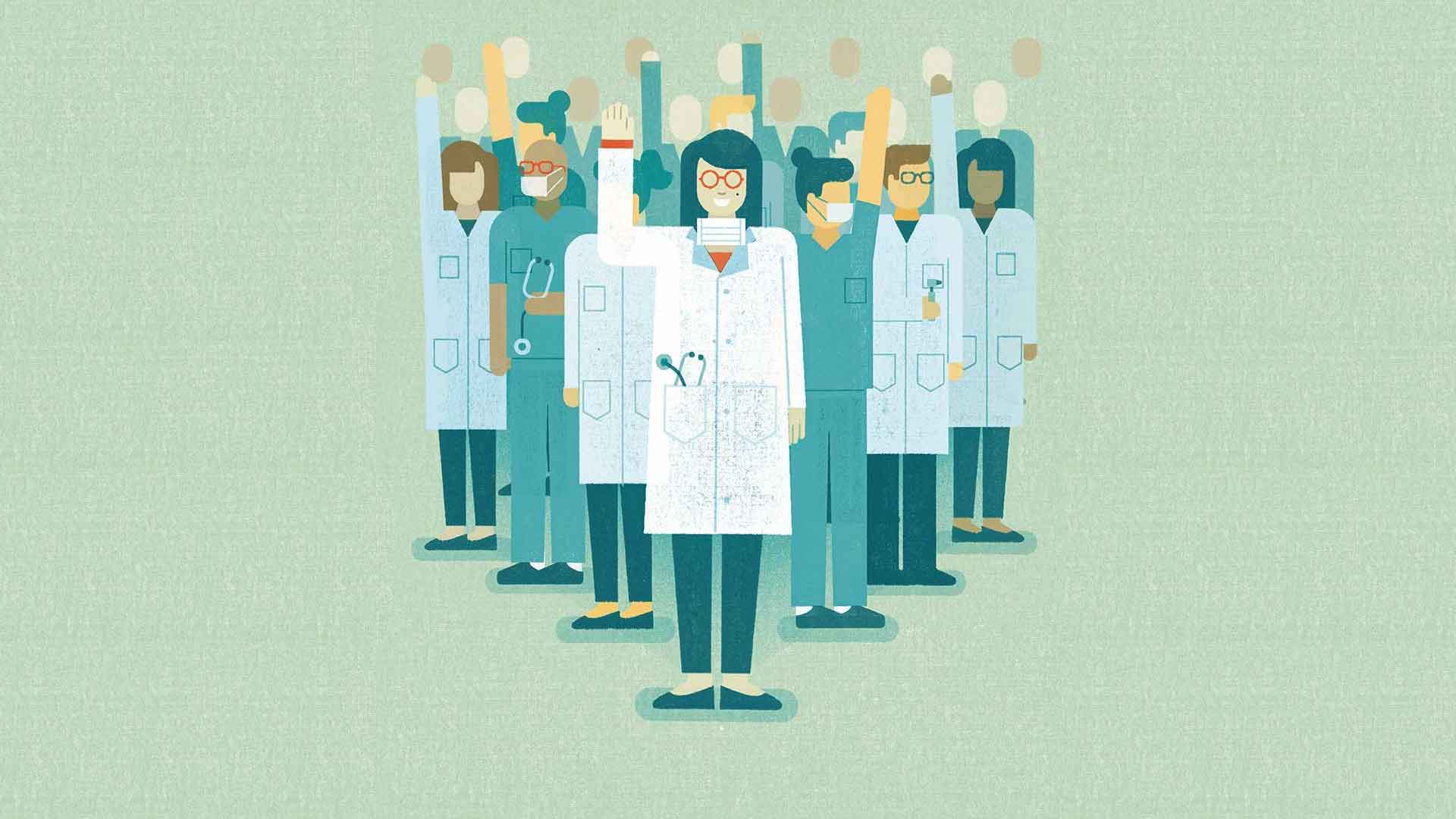 Illustration of a group of nurses with their hands raised