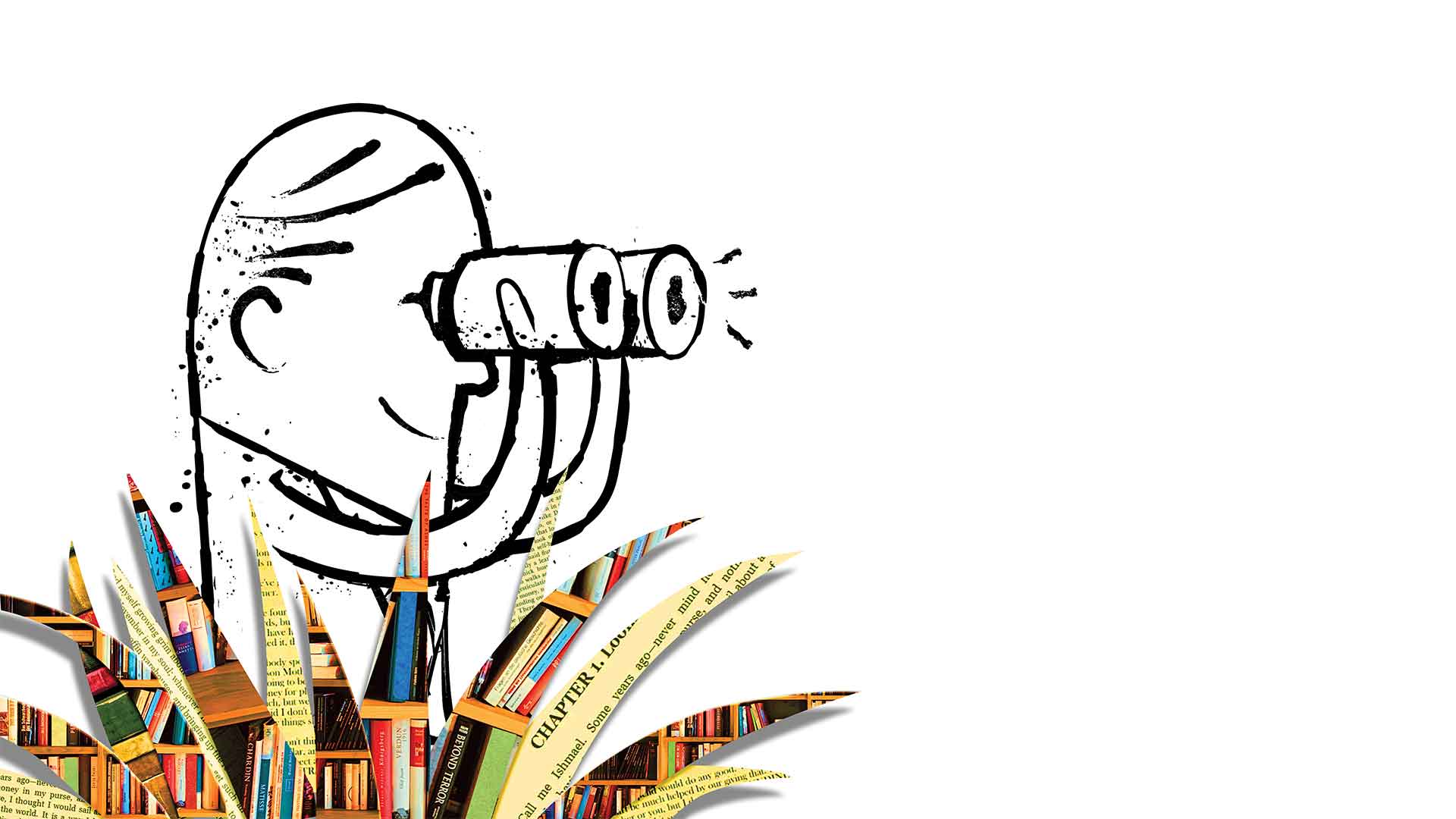 Illustration of man looking through binoculars in high grass that resembles book clippings