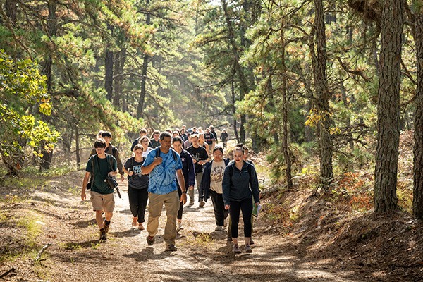Vik Iyengar, PhD, leads his class on a field trip to the Pine Barrens, New Jersey.