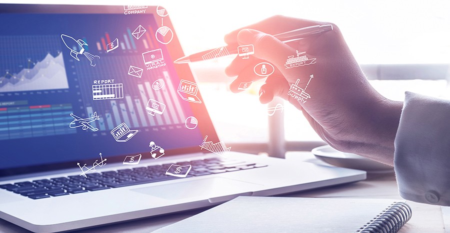 laptop with data charts on screen overlayed with statistical and data science icons 