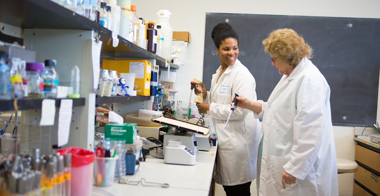 Graduate biology student and faculty conducting biochemistry research in lab Graduate biology student and faculty conducting biochemistry research in lab