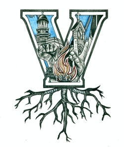 image of a V filled with Villanova buildings and roots growing from bottom