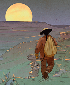 illustration An illustration by Rich Lee. A Chinese man walks in the Montana wilderness under a large moon.