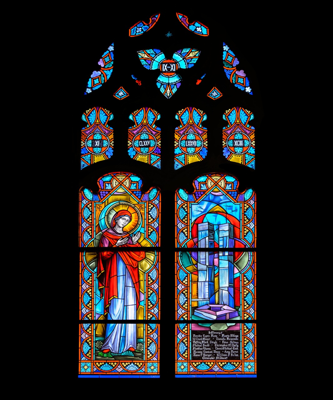 A stained glass window memorial in Villanova University’s Corr Hall Chapel, installed in November 2006, offers a loving tribute to those who died in the attacks on September 11, 2001—including 15 Villanova alumni.