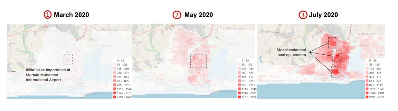 Disease exposure during the first COVID-19 pandemic wave in Lagos State, Nigeria, estimated by Dr. Xiong’s large-scale integrated human mobility and epidemiological model.