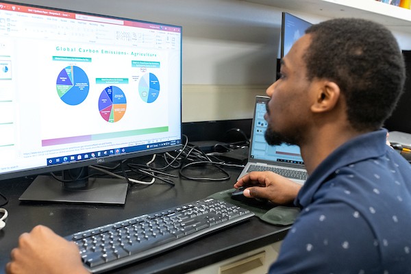 Male student viewing charts on monitor