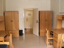 View of two desks and two wardrobes in a Delurey Hall double room.