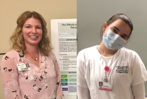 Dr Susan Birkhoff with research poster and student Sophie Sanchez in uniform