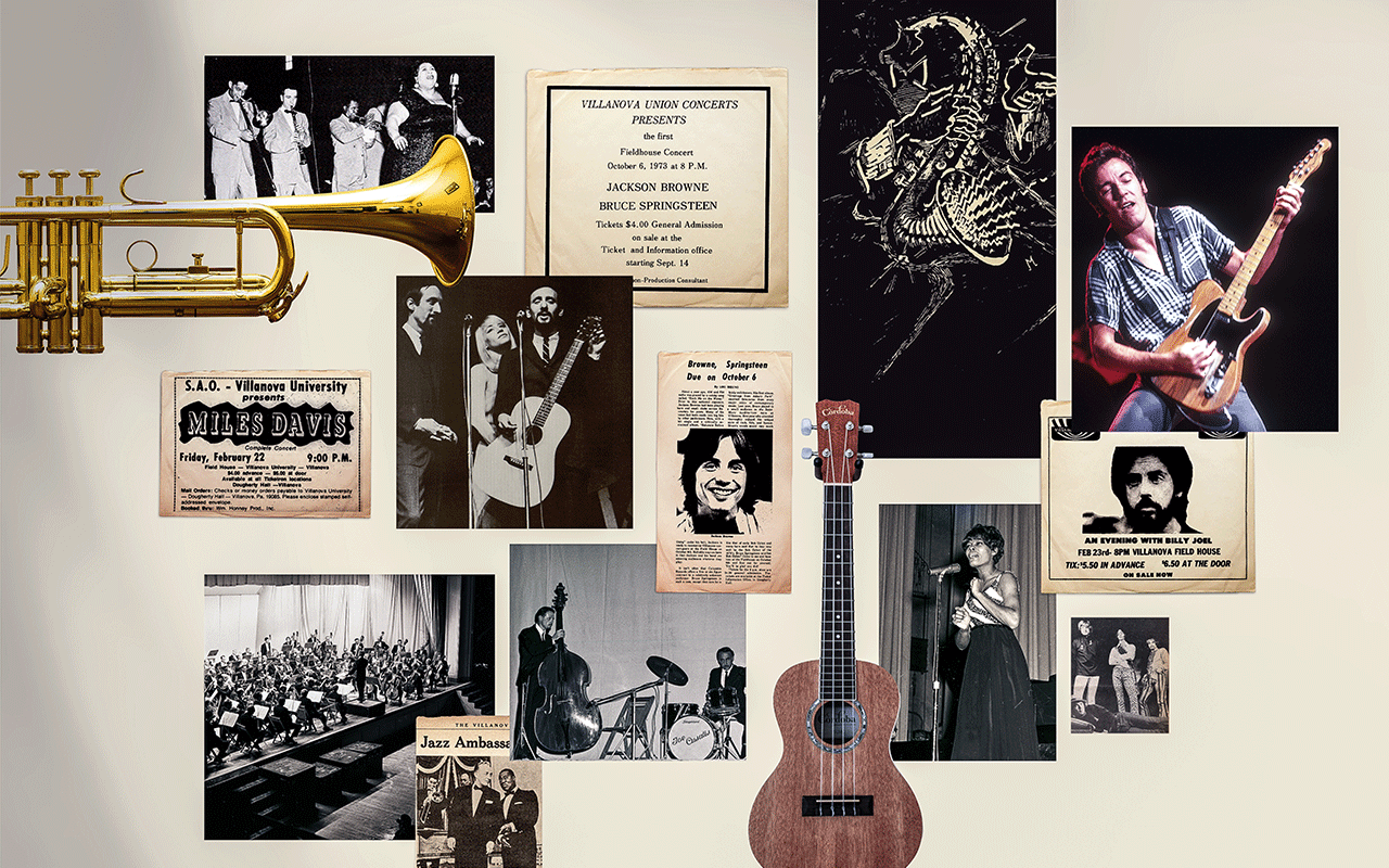 A collage featuring famous musicians who have performed at Villanova over the years