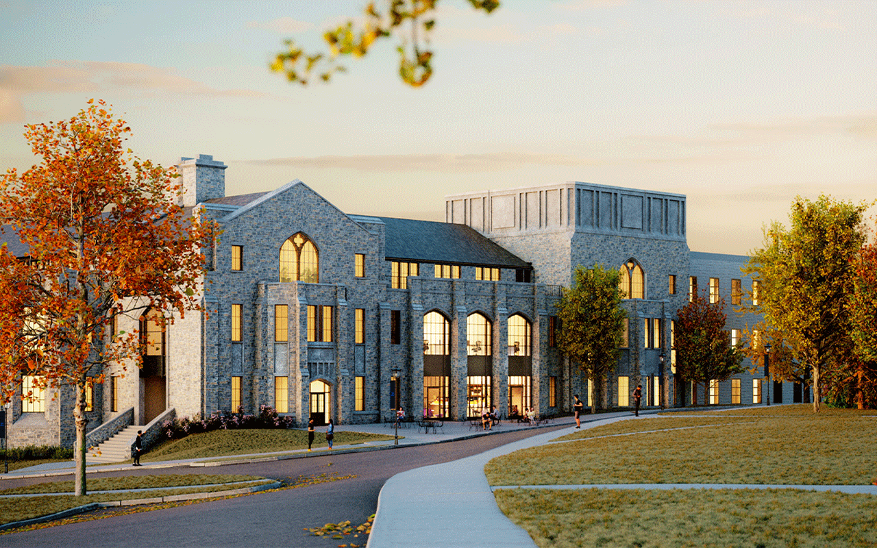 A rendering of Drosdick Hall with its stone facade and many windows