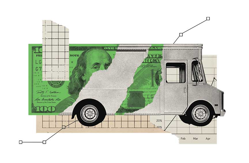 Illustration of a food truck with a shredded $100 bill overlaying it.
